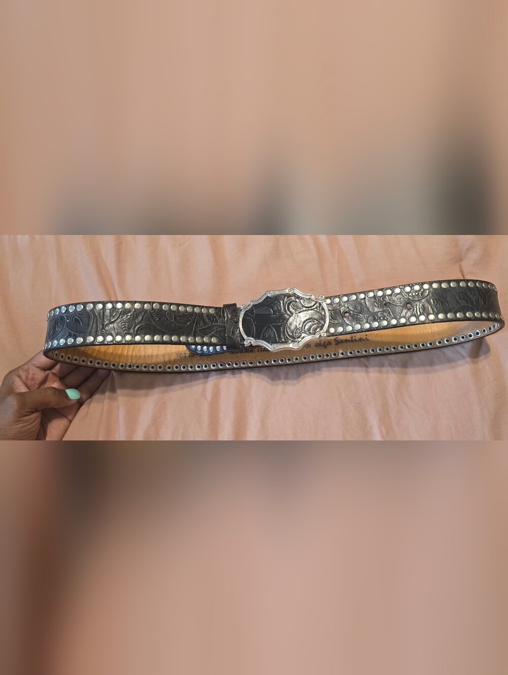OLGA SANTINI Genuine Leather Vintage Embossed Studded Wrstetn Belt Black